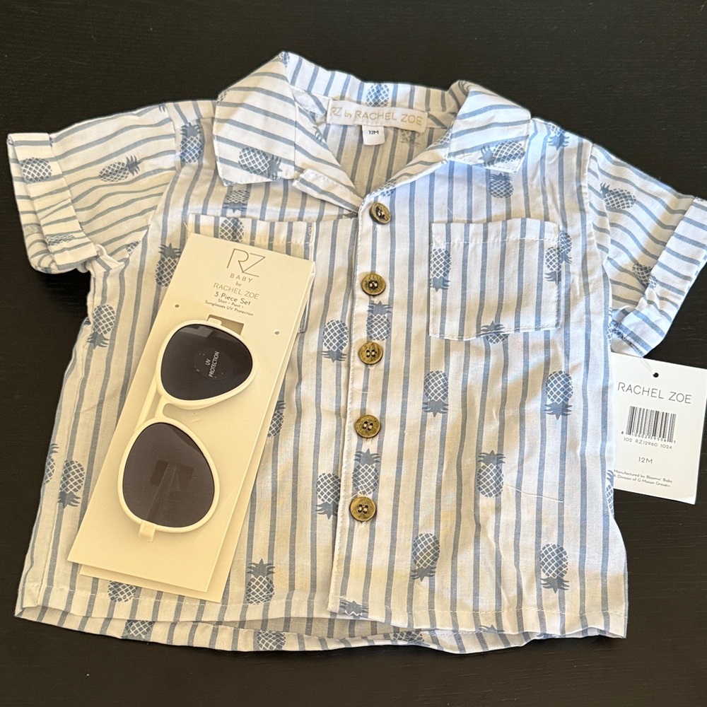 Rachel Zoe Blue and White Striped Kids Shirt with Sunglasses